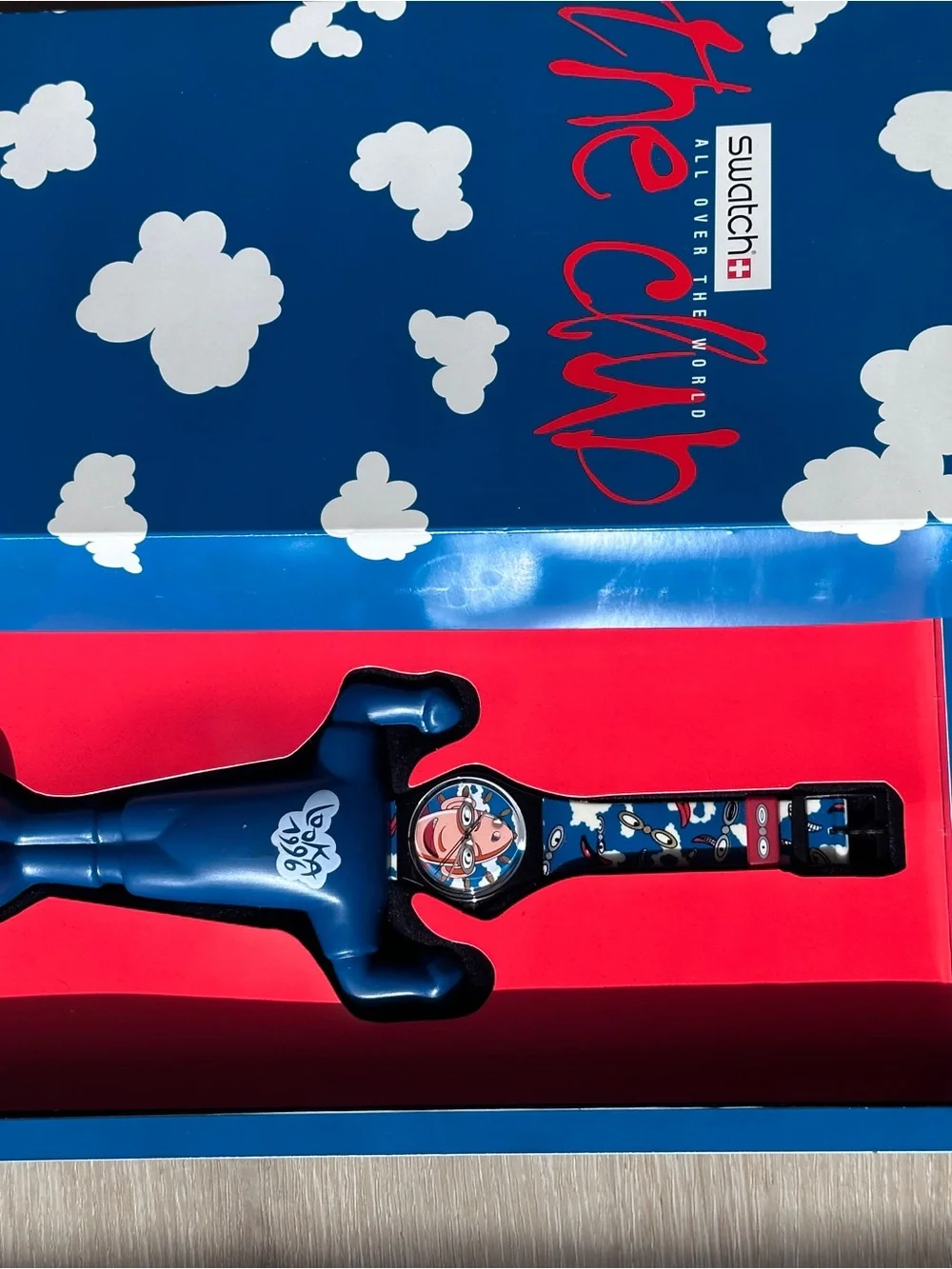 Swatch Club watch with display case and brooch